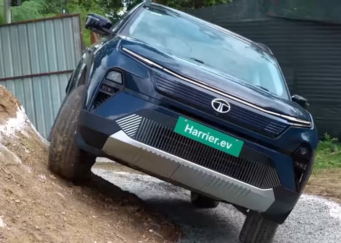 Rear design of Tata Harrier EV 2025 showcasing LED tail lights and logo