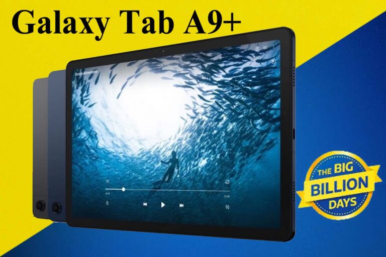 Samsung Galaxy Tab A9+ 11-inch Wi-Fi+5G tablet in silver with 8GB RAM and 128GB storage, ideal for students and professionals under ₹15,000 Big Billion Days offer