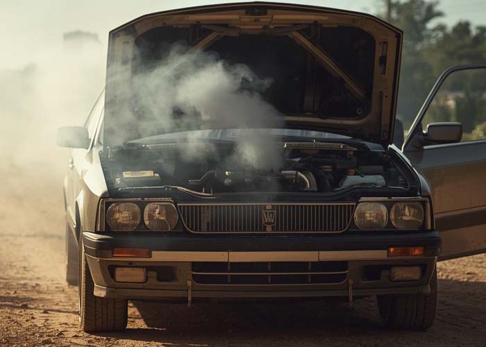 Open car hood showing detailed engine maintenance