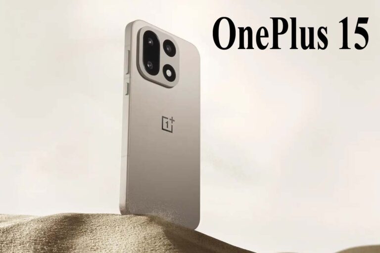 OnePlus 15 official render showcasing Sand Storm color and flat front display with slim bezel.
