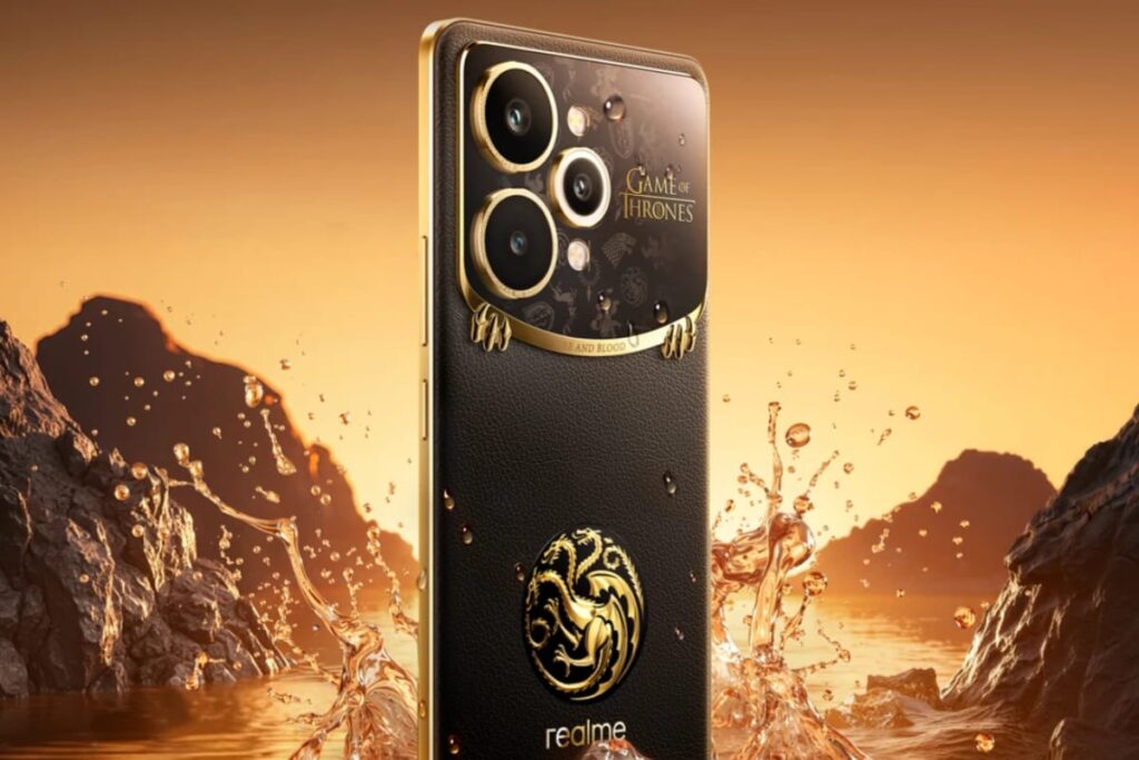 Dragonfire Black Leather back finish with golden claw grip on Realme 15 Pro