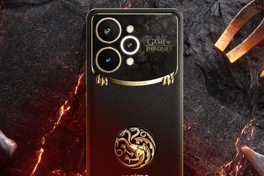 Realme 15 Pro GOT Limited Edition golden-in-black dragon design close-up
