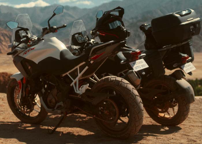Close-up of TVS Apache RTX 300 engine and exhaust design