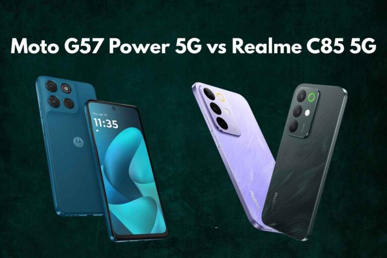 Moto G57 Power 5G vs Realme C85 5G comparison showing design, specs, battery, and camera differences