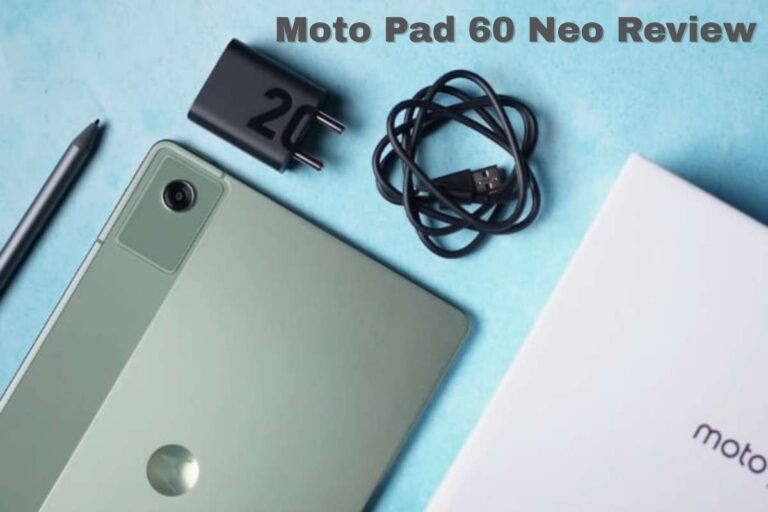 Moto Pad 60 Neo tablet in bronze green color with stylus in use, displayed on a desk with books and accessories, highlighting its 11-inch 2K screen and slim design.