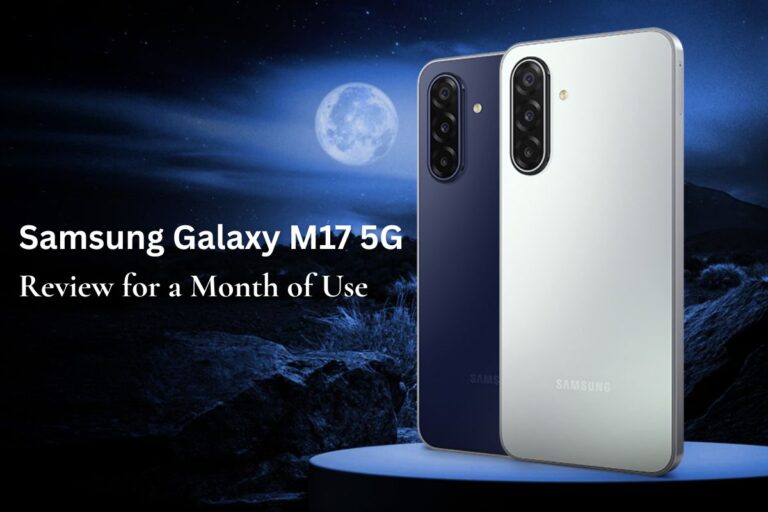 Samsung Galaxy M17 5G smartphone in Sapphire Black color with display on and camera view.