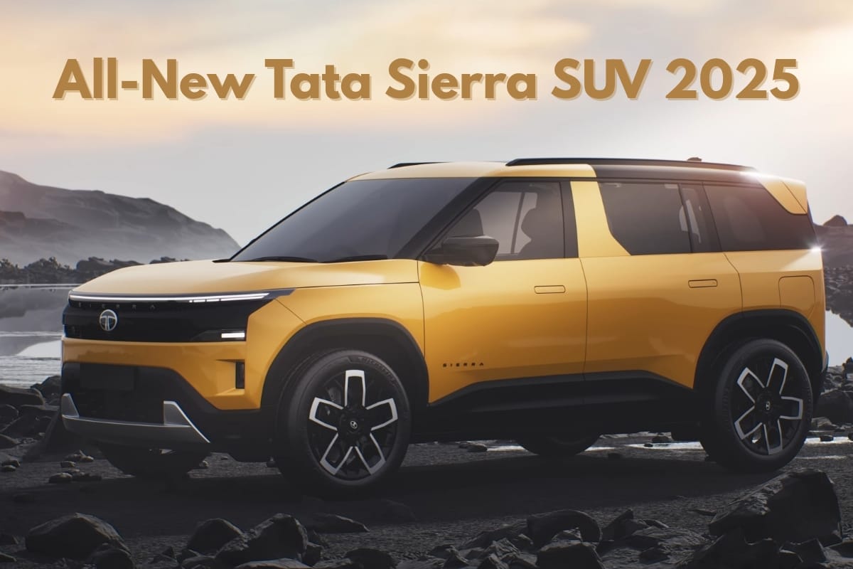 All-new Tata Sierra SUV in red showcased with modern LED lights and panoramic sunroof, representing launch details, variants, interiors, and engine options in India 2025.